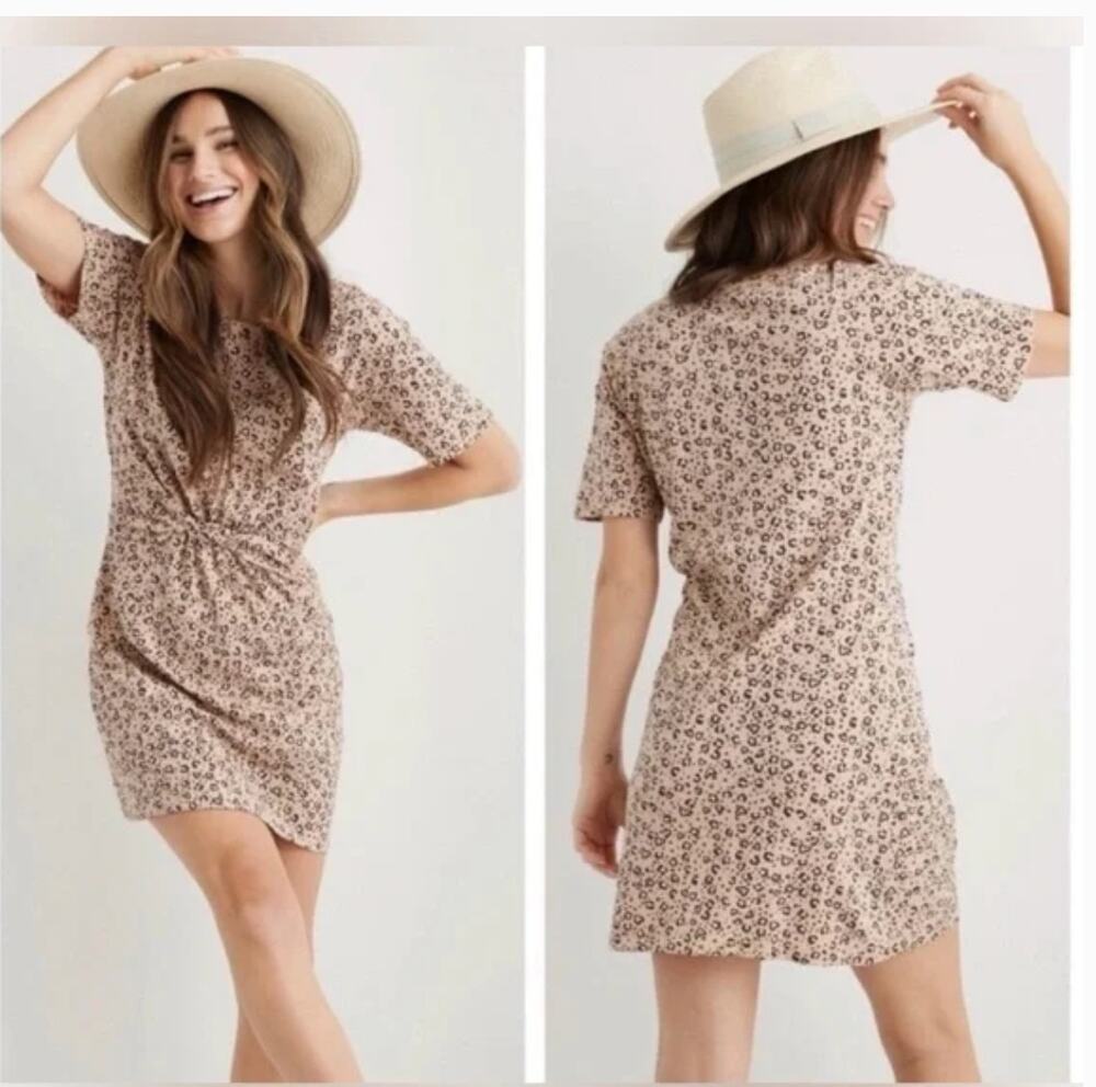 Aerie Cheetah Print Knot Tie Front Dress S NWT Tan Pink Travel Comfy Resort